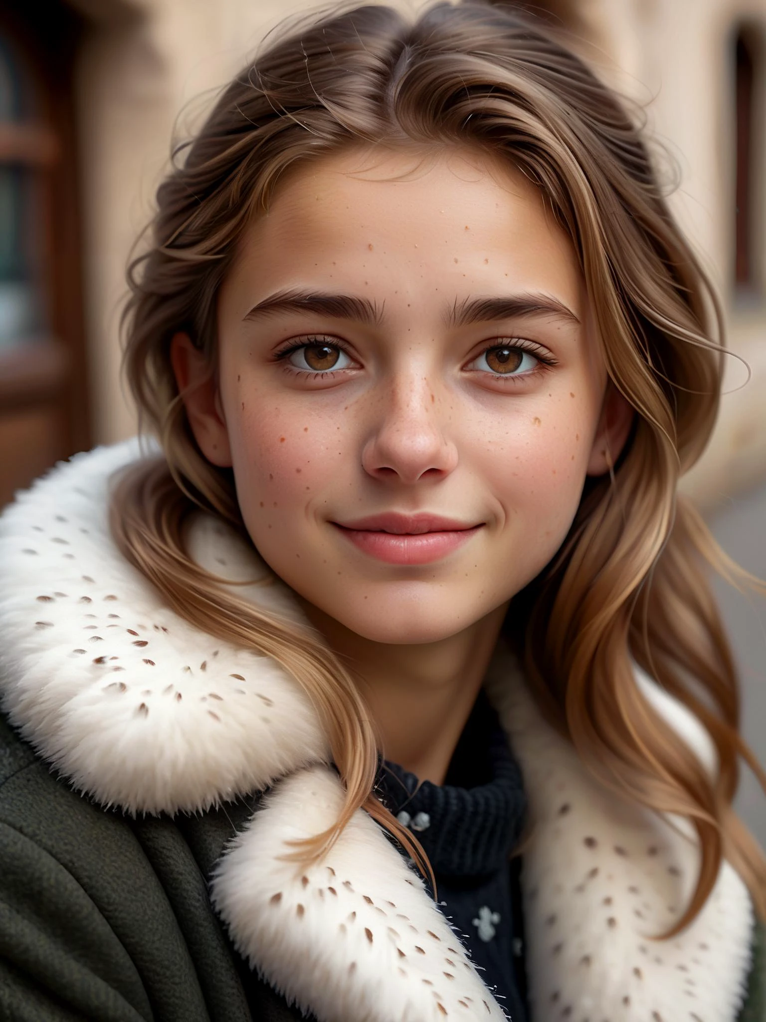 (Masterpiece), best quality, highly detailed, realistic, 8k uhd,

closeup portrait, cute 18yo Italian woman, lustrous light brown hair with blonde highlights, small ears, cute upturned nose, small hazel eyes, flat chested, small breasts, winter coat, fur-lined collar and cuffs, light freckles, playful gaze, shy smile, 
