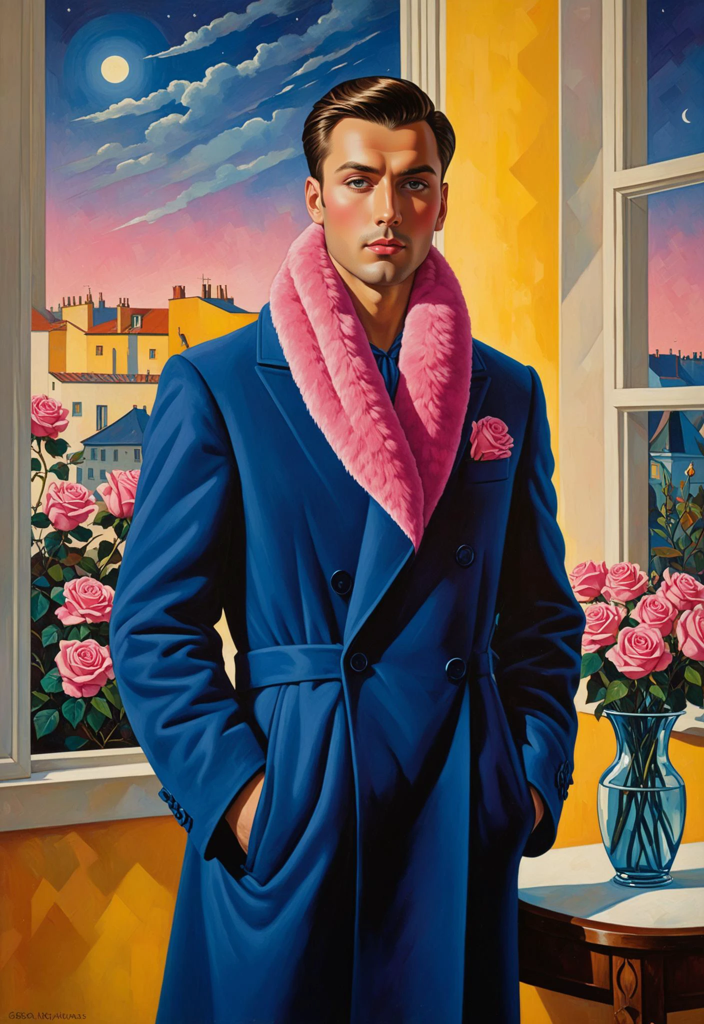 (El arte de Georgy Kurasov:1.5), Una pintura de un hombre elegante con cabello corto, vestido con un abrigo largo azul y una bufanda de piel rosa., al estilo de Gottfried Helnwein, con un fondo de pared amarillo, una ventana en el lado izquierdo, rosas en la esquina inferior derecha, y la luz de la luna en el cielo nocturno, al estilo de John Brack