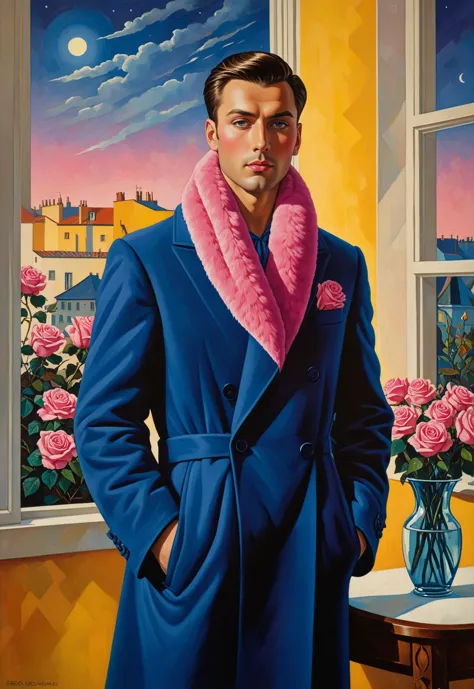 (Georgy Kurasov art:1.5), A painting of an elegant man with short hair wearing a blue long coat and pink fur scarf, in the style...