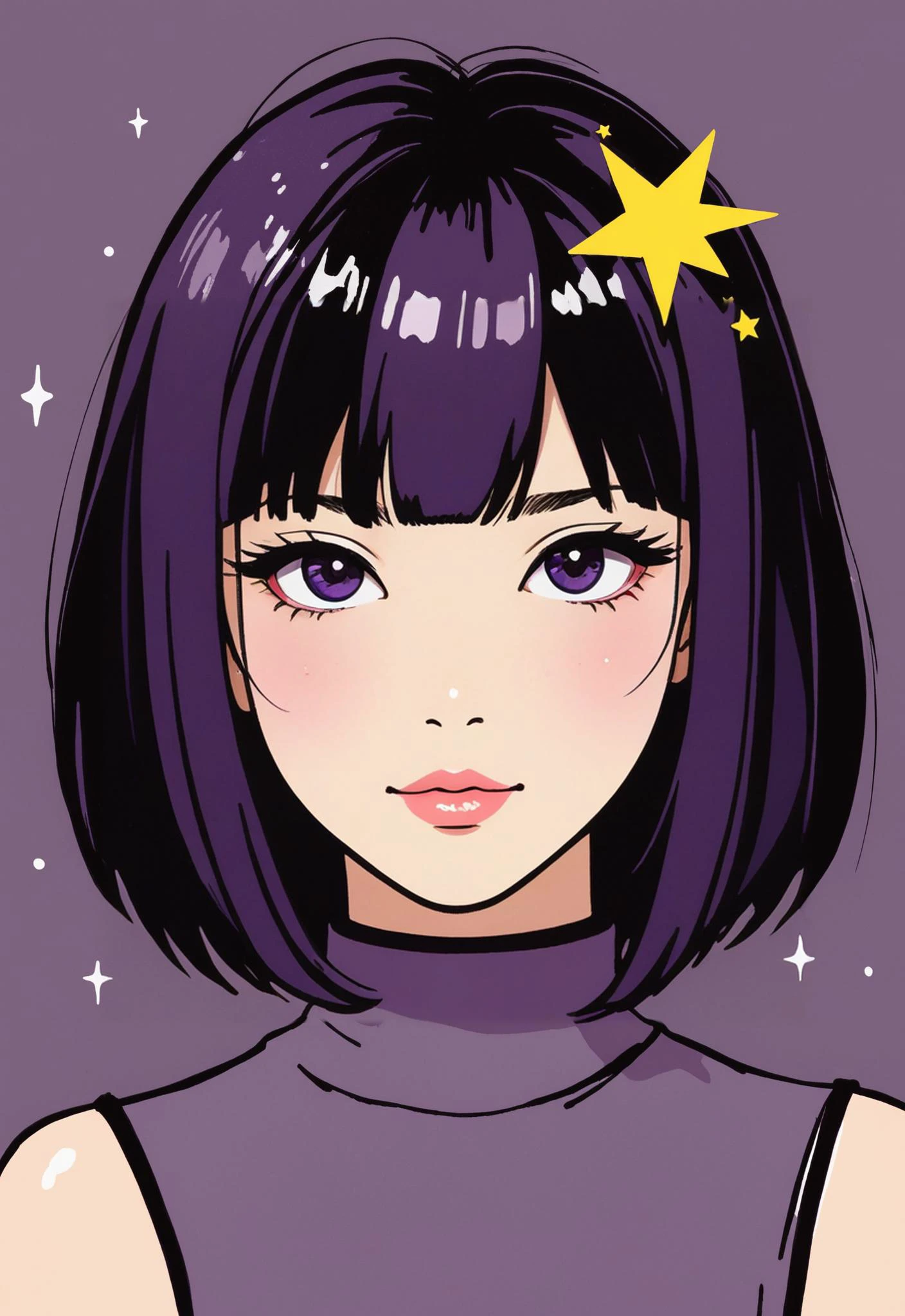 (drawn by Wu Guanzhong, ink artistic conception, abstract simple lines, minimalism, illustration style:1.5), (anime style:1.5), 1girl, star (symbol), purple hair, solo, star hair ornament, blush, hair ornament, looking at viewer, :3, bangs, smile, close-up, blunt bangs, purple eyes, purple background, symbol in eye