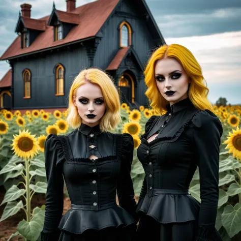 Two blonde girls stand among sunflowers, in the style of gothic revival, joel robison, john wayne gacy, kieron gillen, wimmelbil...