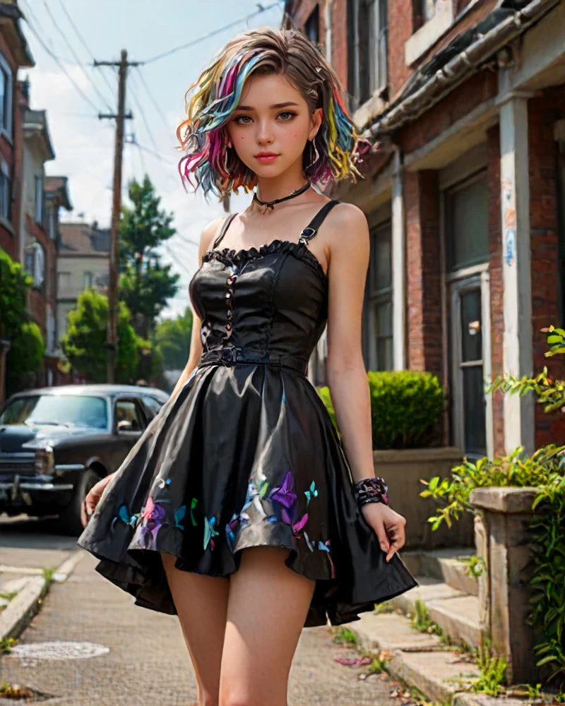 (((Meisterwerk))) , (((beste Qualität))) , Anime-Stil, 2D, süßes 1 Mädchen, Allein, Sie ist ein Vorort der 1950er Jahre, ðŸ˜‡, Tramp, she is dressed in Grungepunk fashion style Gala dress, ihr Haar ist mehrfarbig, Leitmotiv, hervorragende Komposition, zeitgenössisch, Hintergrund inspiriert, positiv emotional, Schön Elegant, zeitgenössisch fine detail, Atmosphäre, ambient Atmosphäre