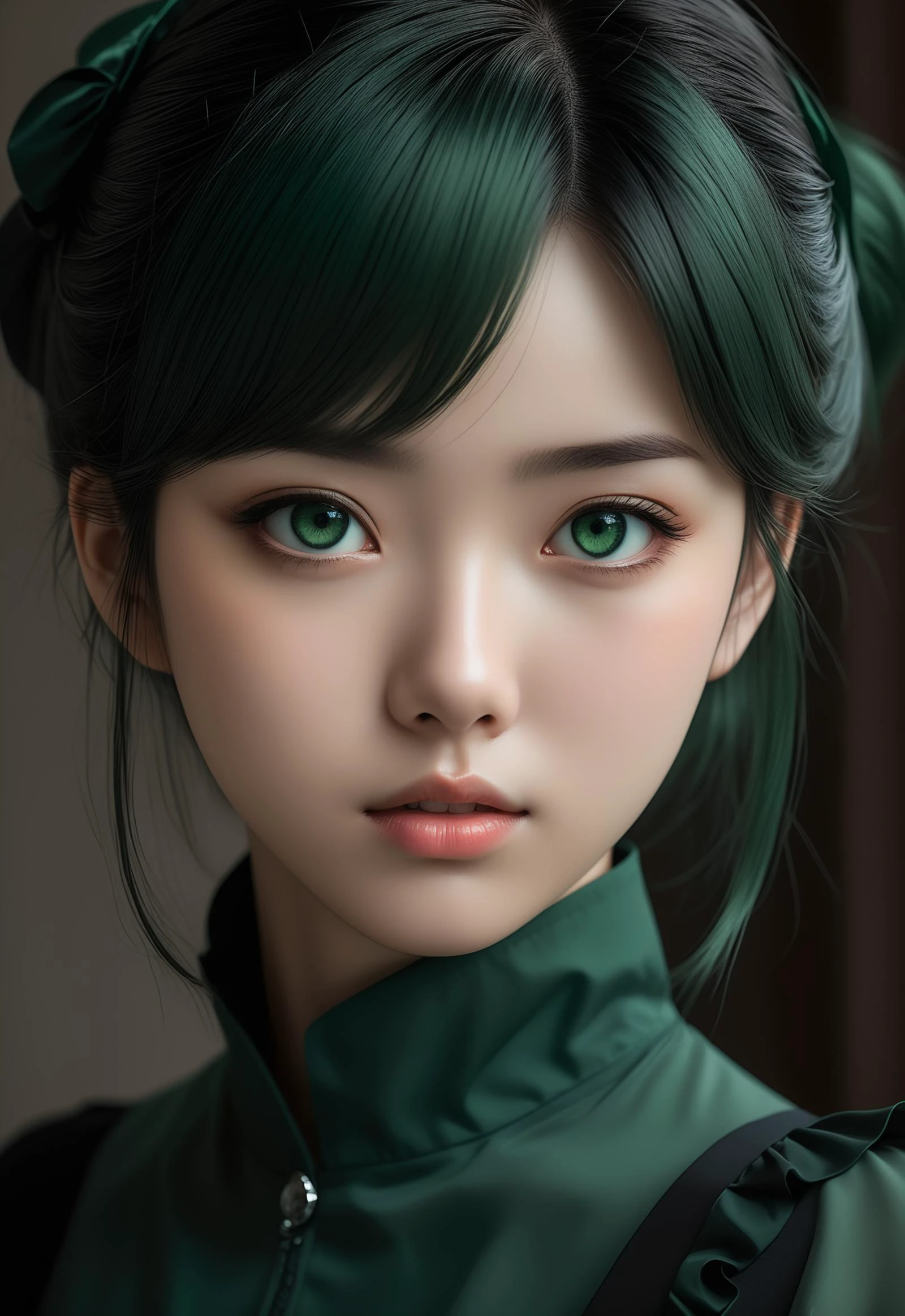 Female anime manga characters, in the style of haunting portraiture, dark green and light black, uncanny valley realism, gongbi, barbizon school, shiny eyes, multilayered realism