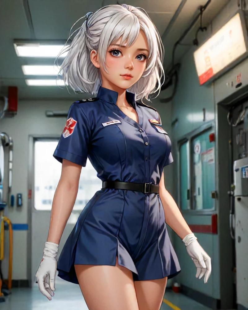 (((masterpiece))) , (((best quality))) , anime style, 2d, Creative fit charming 1girl, solo, wearing Emergency medical technician tunic, glamour pose, she has White hair, key visual, detailed, epic atmosphere, cute, pure, beautiful, shiny, delicate, highly color focused