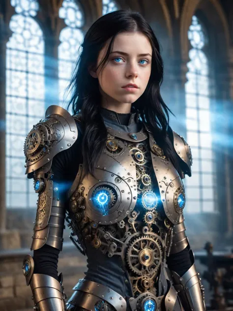 18 year old woman, standing, three quarter view, bright blue eyes, straight black hair, armor made of many gears, tiny gears, cl...