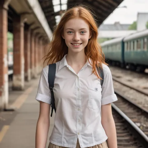 a beautiful young girl, 20 years old,  ginger hair, nude, skinny, very short school uniform shirt, smiling, beautifull and aesth...