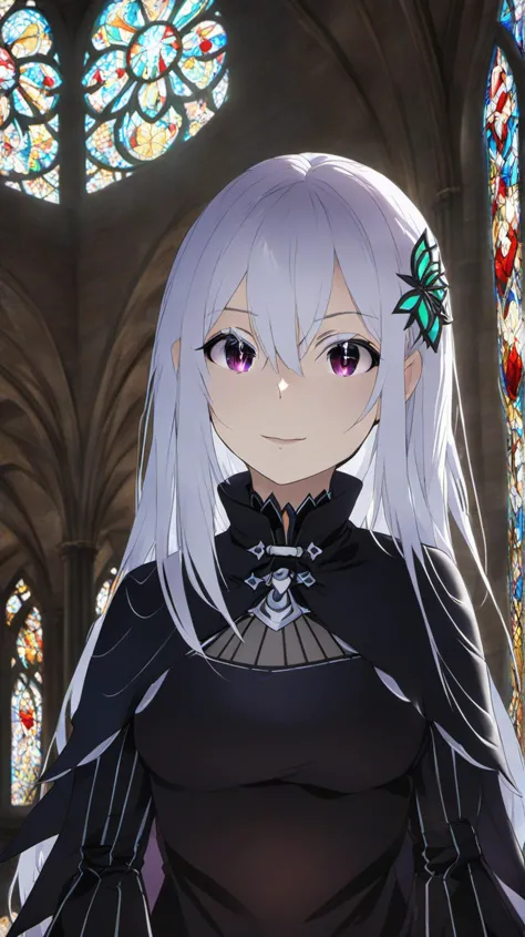 1 garota, echidna_rezero, , echidna_Re:Zero em uma catedral gótica abandonada, Vidraças coloridas projetando sombras coloridas em seu rosto