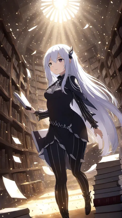 1 garota, echidna_rezero, , echidna_rezero em uma biblioteca antiga com fileiras infinitas de livros, partículas de poeira dançando em raios de luz