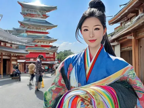 arafed woman in a colorful kimono standing in front of a pagoda