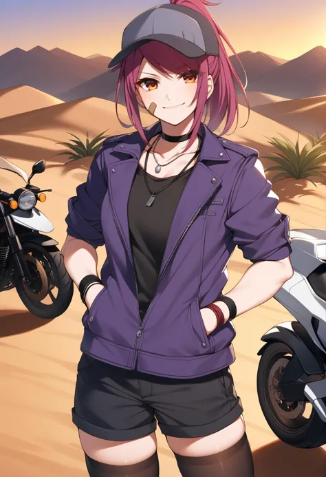 anime girl in purple jacket standing next to motorcycle in desert