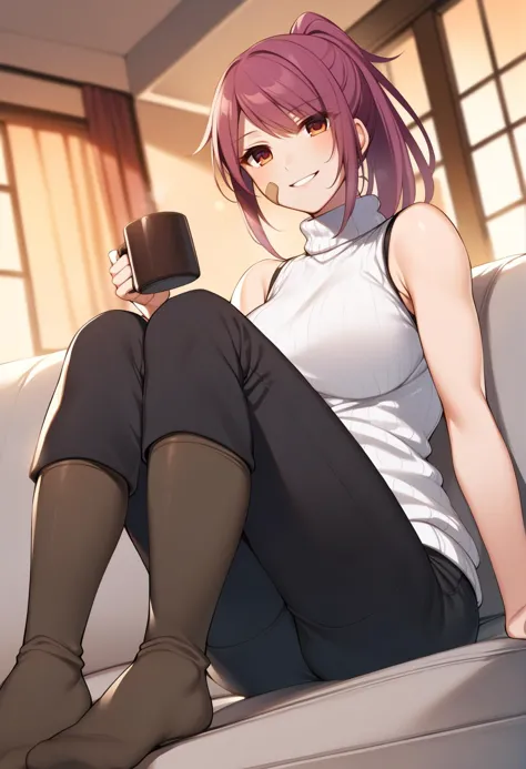 anime girl sitting on a couch holding a cell phone