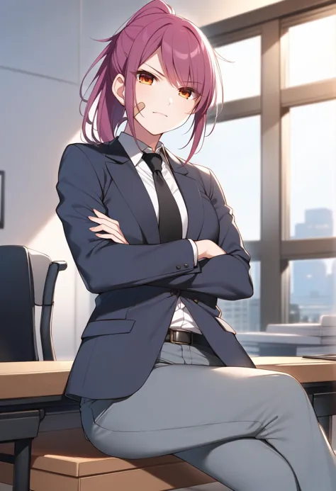 anime girl sitting on a desk with her arms crossed