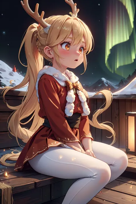 (masterpiece, best quality), 1girl, Honey Blonde Highlights on Brown Dutch Braid Ponytail with Flower Accents,long santa costume, long red skirt, reindeer antlers, raging, angry, sitting on rooftop, snow, full moon,  sfw, white yoga pants,  aurorastyle