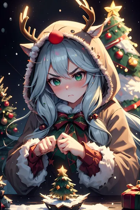 (masterpiece, best quality), 1woman, long hair,, cute face, blush, sfw, ((furious)), christmas tree, cozy home, snow outside <lo...