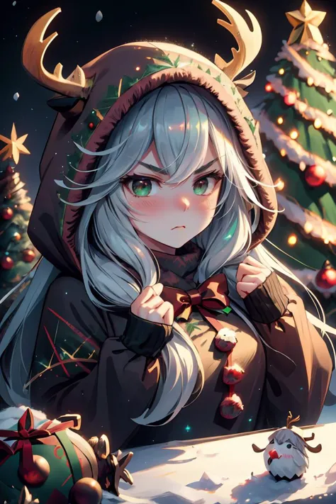 (masterpiece, best quality), 1woman, long hair,, cute face, blush, sfw, ((furious)), christmas tree, cozy home, snow outside <lo...