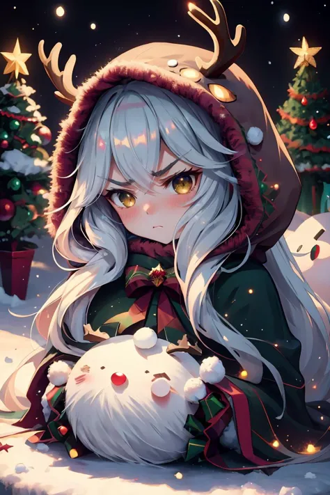(masterpiece, best quality), 1woman, long hair,, cute face, blush, sfw, ((furious)), christmas tree, cozy home, snow outside <lo...