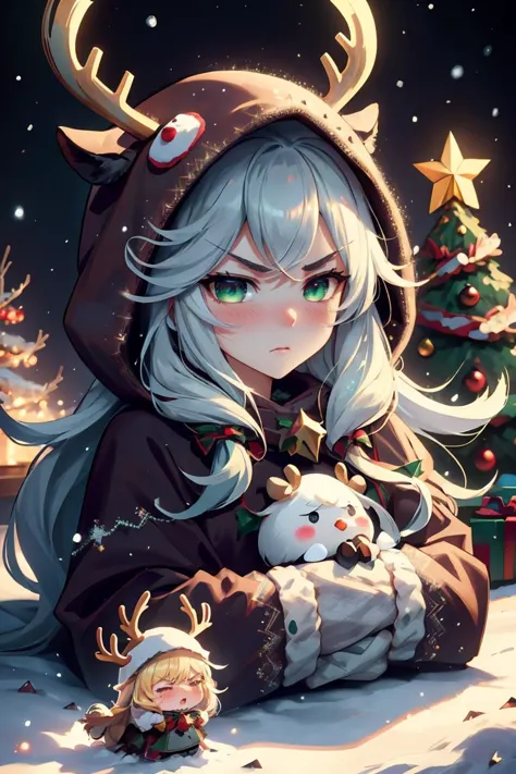 (masterpiece, best quality), 1woman, long hair,, cute face, blush, sfw, ((furious)), christmas tree, cozy home, snow outside <lora:reindeer-outfit-richy-v1:1> reindeer costume, hood up , <lora:aurora-style-richy-v1:1> aurorastyle