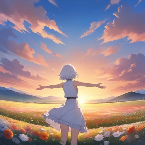 1girl, sky, cloud, flower field, mountainous horizon, building, standing, field, white hair, sleeveless, from behind, frills, outdoors, nature, short hair, scenery, sunset, outstretched arms, masterpiece, best quality,