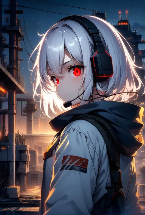 1girl, machanical, expressionless, cable, medium hair, red eyes, white hair, upper body, industrial, outdoors, building, glowing eyes, from behind, headset,