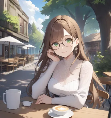 1girl, medium breasts, glasses, brown hair, earrings, long hair, green eyes, cup, tree, cafe, outdoors, table, pov, dress, light...