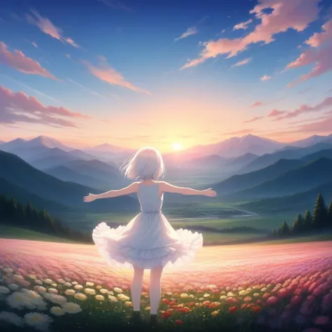 1girl, sky, cloud, flower field, mountainous horizon, building, standing, field, white hair, sleeveless, from behind, frills, outdoors, nature, short hair, scenery, sunset, outstretched arms,