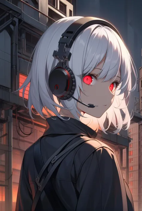1girl, machanical, expressionless, cable, medium hair, red eyes, white hair, upper body, industrial, outdoors, building, glowing eyes, from behind, headset, masterpiece, best quality,