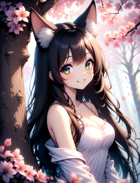 1girl, flower, long hair, eyes, smile, animal ears, upper body, tree, medium breasts, black hair