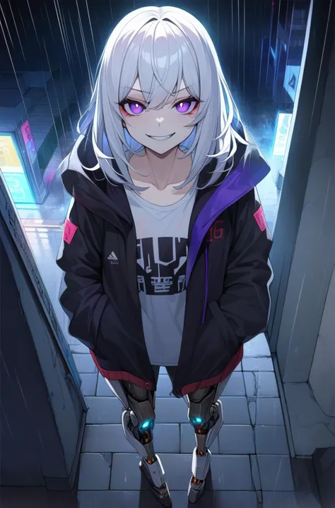 1girl, white hair, purple eyes, rain, bright pupils, pavement, masterpiece, looking at viewer, cyborg, jacket, mechanical legs, night, from above, hands in pockets, evil grin,