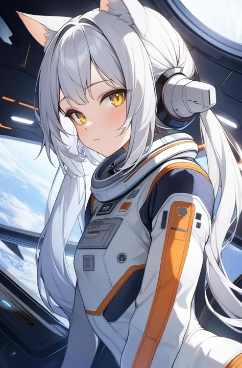 masterpiece, best quality, 1girl, spacecraft interior, spacesuit, upper body, from side, science fiction, yellow eyes, twintails...