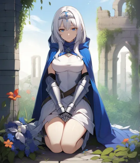 1girl, armor, blue eyes, cape, cloak, dress, flower, hood, kneeling, knight, long hair, looking down, sidelocks, solo, white hair, masterpiece, best quality, ruins, nature, sky, looking at viewer, diadem,