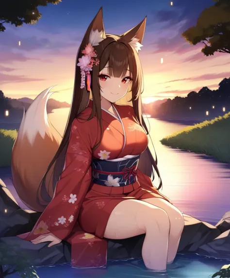 1girl, long hair, animal ears, brown hair, masterpiece, red eyes, smile, outdoors, tree, landscape, kimono, fox tail, looking at...
