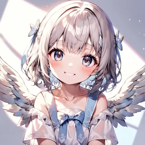 masterpiece, best quality, angle, cute girl, Kawaii, white wing, gentle, smile