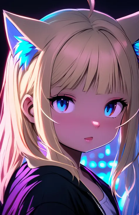 a girl, Urban Neon Glow, Dreamy Cat-Eared Blonde, Night's Mysterious , Ambiance, Curious Confident Gaze, Soft Digital Radiance, Adorable Feline Features