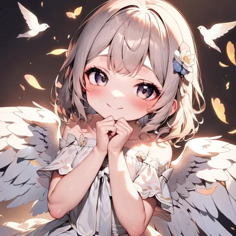 masterpiece, best quality, angle, cute girl, Kawaii, white wing, gentle, smile,fantasy
