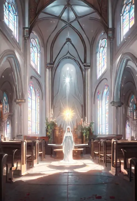 full body of virgin mary in a church with a holy light emanating from her body by wlop and greg rutkowski, in digital art illust...