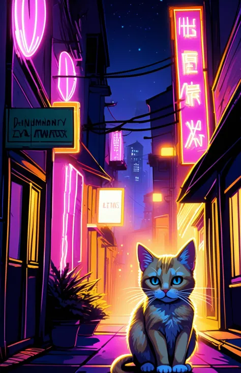 Urban Neon Glow, Dreamy Cat-Eared Blonde, Night's Mysterious , Ambiance, Curious Confident Gaze, Soft Digital Radiance, Adorable Feline Features