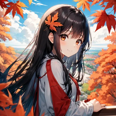 (1girl), black long hair, brown eyes, red maples, sky, ((transparent)), lumen, beautiful coloring, detailed pupil, look back, ge...