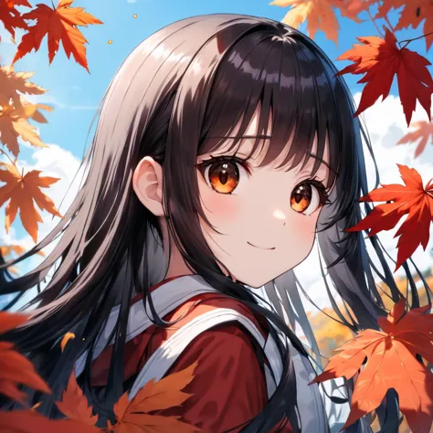 (1girl), black long hair, brown eyes, red maples, sky, ((transparent)).lumen, beautiful coloring, detailed pupil, look back, gen...