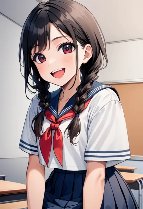 1girl, 18yo (white sailor-fuku, short sleeve, deep blue collar, deep blue skirt, red neckerchief:1.5) BREAK (cute,smile,bare face,big eyes, open mouth, black hair:1.4) straight hear, medium hair, long hair, twin braids, cowboy shot, profile (in classroom:1.5) (dynamic pose,dynamic angle:1.3) BREAK japanese, japanese idol, black eyes (best quality, ultra high res, Realistic, RAW photo, real person, portrait photography, photorealistic, detailed skin, fair skin, beautiful detailed eyes) <lora:neg4all_bdsqlsz_xl_V7:0.8>