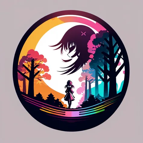 vector logo of an anime girl, circular logo, theme park themed, colorful, trees