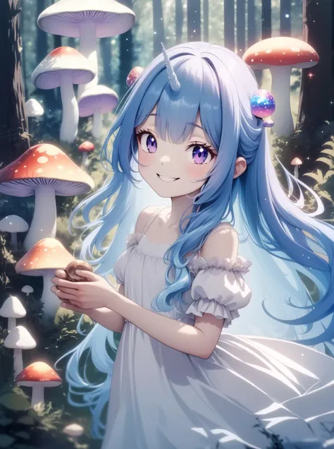 1girl, long blue hair, unicorn horn, white dress, smile, looking at viewer, mushrooms, forest, magic, sparkles