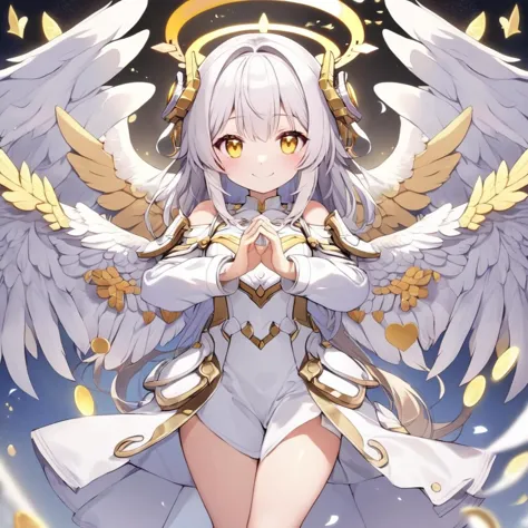 best quality, angle, cute girl, white wing, gentle, smile, yellow eyes, angel halo, wing, spread arms, heart-shape hands