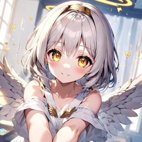 best quality, angle, cute girl, white wing, gentle, smile, yellow eyes,  angel halo, wing, spread arms