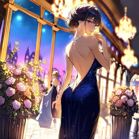 masterpiece, best quality,  luxurious lady, standing, butt crack, evening gown, backless dress, bare shoulders, gentle smile,bea...