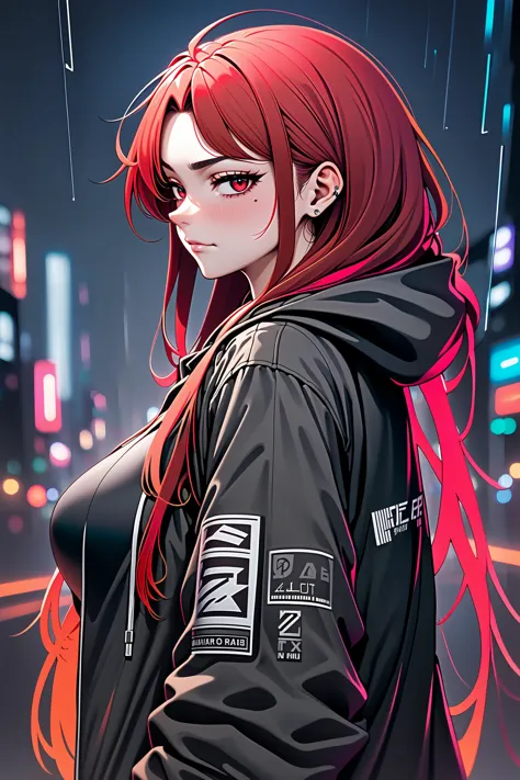 multicolored hair, messy hair, line art background, monochrome background, two tone, red and black, dirty skin, smirk, ahoge, cyborg, cyberpunk style, paint on clothes, from behind, night, neon, looking over shoulder, rain, big coat, hood, shelter