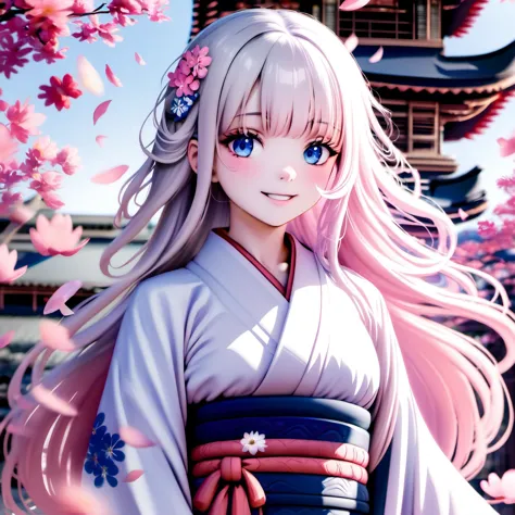 1girl, female, long hair, blue eyes, smiling, kimono, white hair dress, pink flowers, flower petals, windy, temple