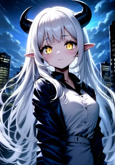 1girl, long hair, white hair, city, yellow eyes, horns, long hair, night, glowing eyes, starry sky, fang,