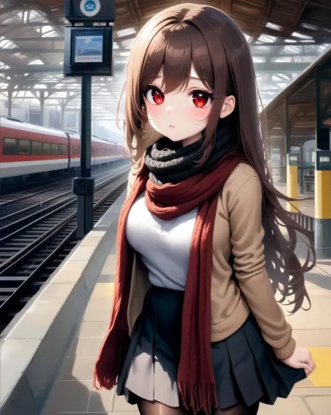 1girl, cowboy shot, building, brown scarf, sweater, day, casual, pantyhose, long sleeves, sfw, black skirt, red eyes, long hair, train station,