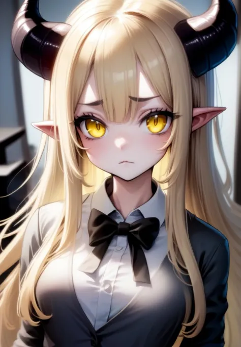 1girl, long hair, blonde hair, yellow eyes, demon horns, long hair,