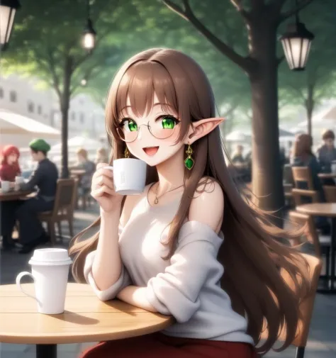 1girl, medium breasts, glasses, brown hair, earrings, open mouth, elf, smile, long hair, 1girl, :p, green eyes, holding cup, tree, cafe, sitting